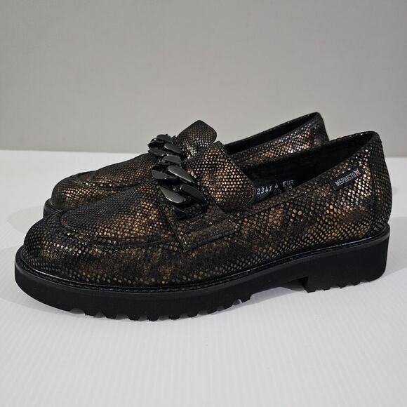 NEW Mephisto Salka Loafer 6.5 Gold Snake Print Leather Chunky Lug Sole Slip On - Picture 1 of 13